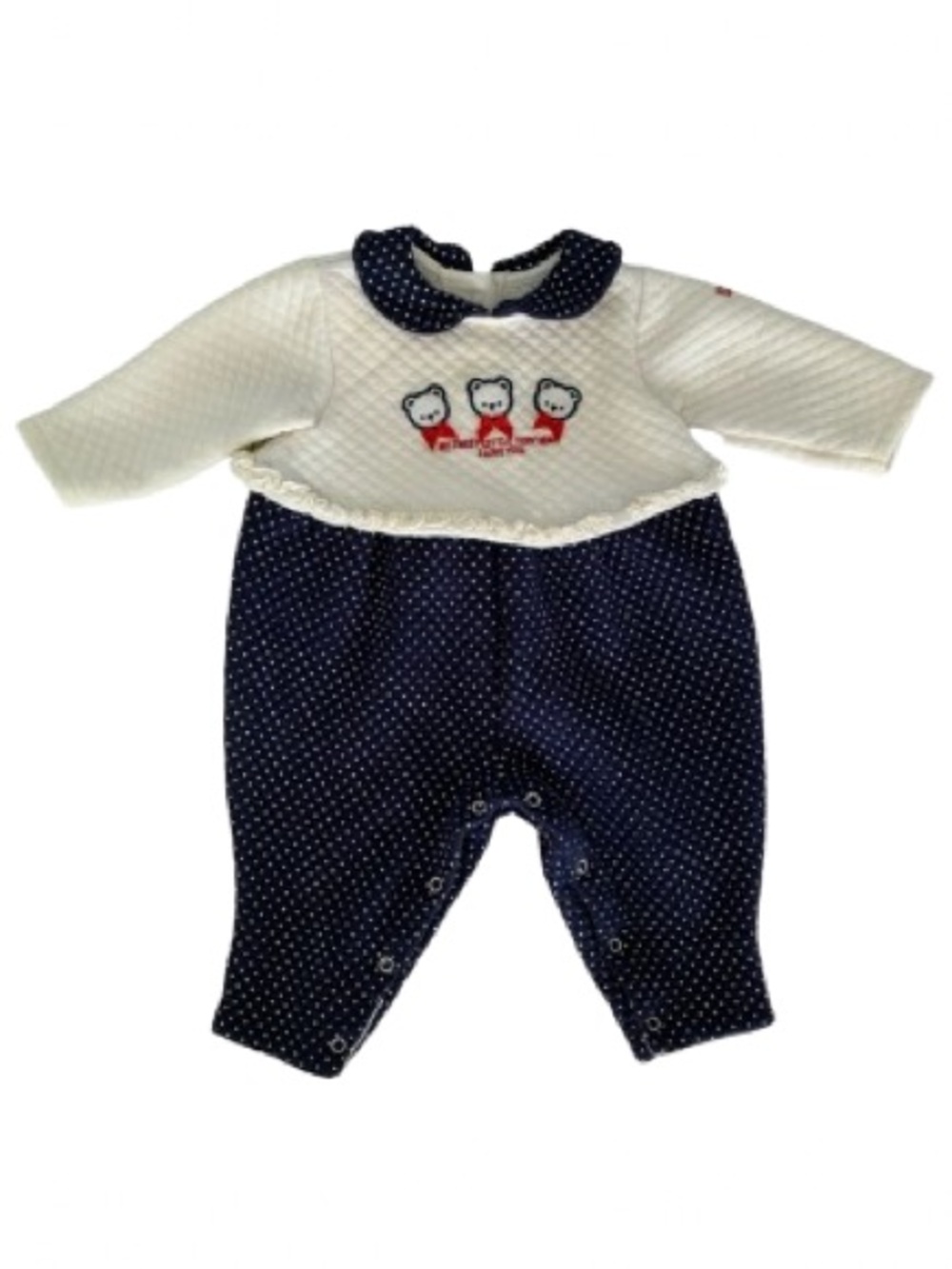 Vintage Quilted One Piece Girl Size 6-9M Blue White Polka Dot Long Sleeve Romper